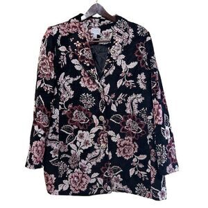 NWOT Susan Graver Jacquard Tapestry Jacket Womens Size 16 Black Pink Floral